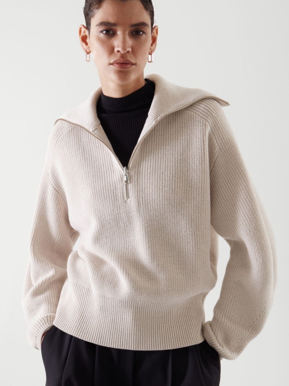 COS Wool/ Cotton Cream Half Zip Ribbed Sweater Fisherman Style Size Mediun